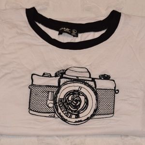Camera Black & White Ringer Embroidered Tee